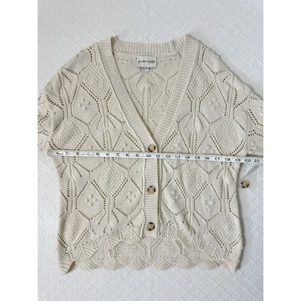 Freshman 1996 Cream Open Knit Cardigan Scalloped Hem Balloon Sleeve Size Small - Picture 7 of 8